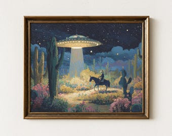 Retro Western UFO Abduction Painting Print | Surreal Western Art | Desert Landscape | Sci-Fi Wall Art | RWU4