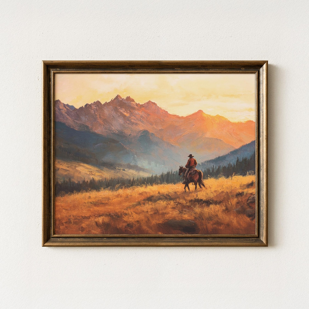 Vintage Landscape Cowboy Oil Painting Print | Western Wall Art | Mid ...