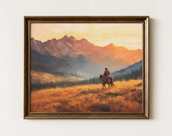 Vintage Landscape Cowboy Oil Painting Print | Western Wall Art | Mid-Century Wall Decor | Rustic Southwestern Decor | VLC7