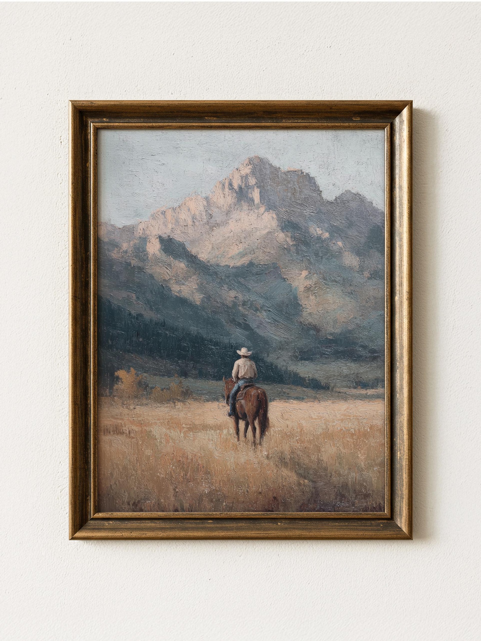 Vintage Cowboy Painting Print | Western Mountain Landscape Wall Art ...