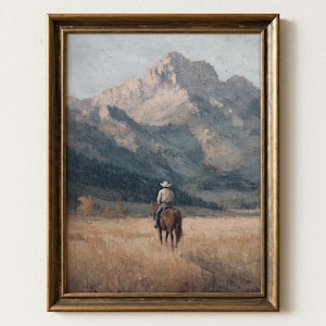 Vintage Cowboy Painting Print | Western Mountain Landscape Wall Art | VCP2 image 1