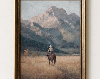 Vintage Cowboy Painting Print | Western Mountain Landscape Wall Art | VCP2