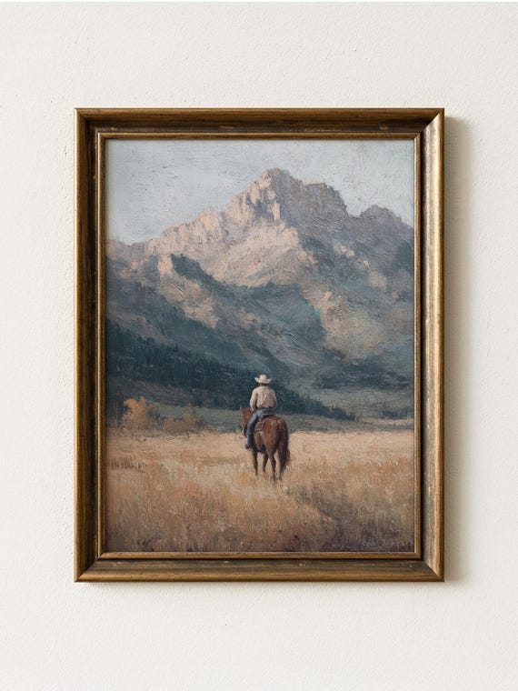 Vintage Cowboy Painting Print | Western Mountain Landscape Wall Art | VCP2