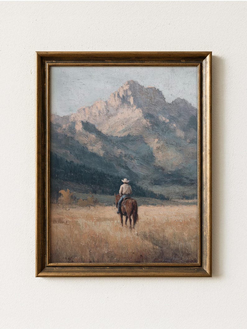 Vintage Cowboy Painting Print | Western Mountain Landscape Wall Art | VCP2 image 1