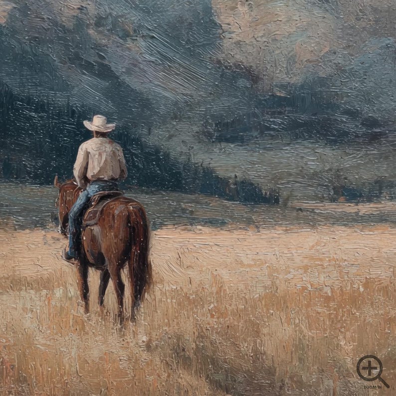 Vintage Cowboy Painting Print | Western Mountain Landscape Wall Art | VCP2 image 3
