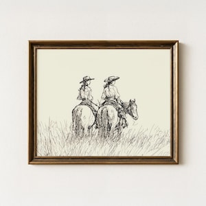 Impresión de bocetos de vaqueras a caballo / Arte de pared occidental / Boceto de caballo vintage / Decoración de pared de granja / Arte campestre / CGH4