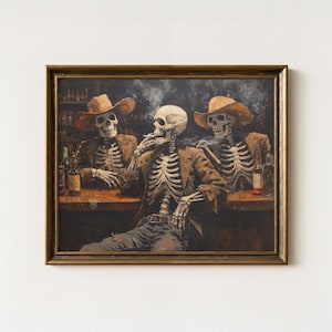 Cowboy Skeletons Saloon Oil Painting Print | Western Bar Scene | Spooky Rustic Wall Decor | Vintage Skeleton Cowboy Art Home Decor | CSS3