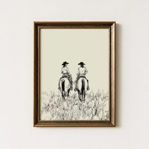 Impresión de bocetos de vaqueras a caballo / Arte de pared occidental / Boceto de caballo vintage / Decoración de pared de granja / Arte campestre / CGH2