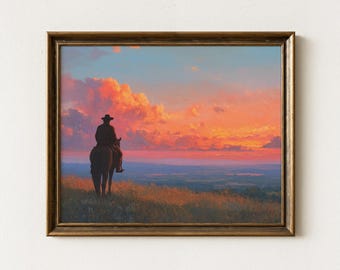【真作】絵画　油彩　夕暮れのカウボーイと馬　牧場風景　ウエスタンアート　Y183 カウボーイの夕焼けの絵 馬の油絵 西洋画 南西部のアート カウボーイの