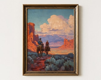 Vintage westerncowboys rijden samen paard schilderij print | 19e-eeuwse bergkunst | Westerse kunstafdruk | VWC2
