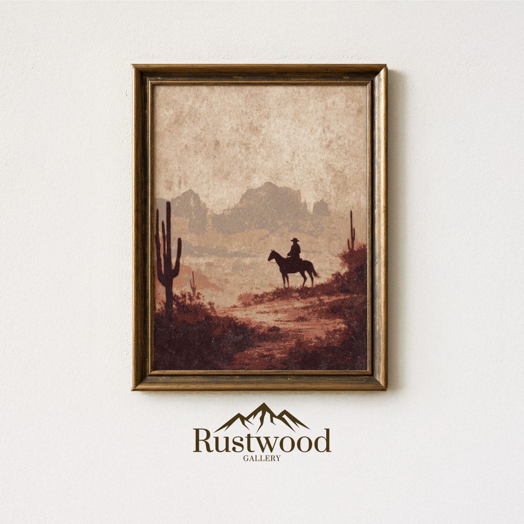 Vintage Cowboy Painting Print | Western Ranch Antique Desert Landscape ...