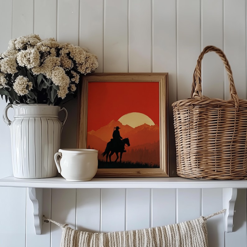 Western Cowboy Sunset Print | Scenic Desert Landscape Wild West Wall ...