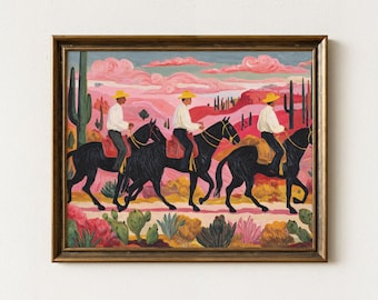 Stampa di un dipinto di cowboy del sud-ovest / Dipinto astratto colorato di un cavallo western / Stampa di un cowboy del deserto in colori pastello / Arte murale eclettica / SCP3