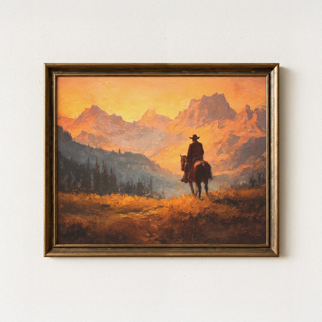Vintage Landscape Cowboy Oil Painting Print | Western Wall Art | Mid ...