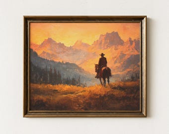 カウボーイの夕焼けの絵 馬の油絵 西洋画 南西部のアート カウボーイの