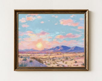 Pastel Desert Landscape Oil Painting Print | Vintage Mid-Century Modern Western Art | Texas Desert Cactus Art | PDL3