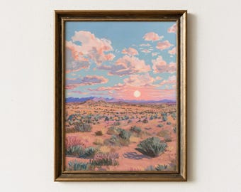 Pastel Desert Landscape Oil Painting Print | Vintage Mid-Century Modern Western Art | Texas Desert Cactus Art | PDL2