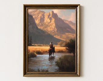 Vintage Landscape Cowboy Oil Painting Print | Western Wall Art | Mid-Century Wall Decor | Rustic Southwestern Decor | VLC2