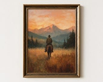 Vintage Landscape Cowboy Oil Painting Print | Western Wall Art | Mid-Century Wall Decor | Rustic Southwestern Decor | VLC1