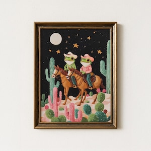 Impresión enmarcada de una rana vaquera montando a caballo / Impresión de pared con opción de marco / Impresión artística divertida y colorida de una rana de rodeo con sombrero de vaquero / FCF1