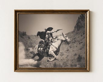 Vintage Western Cowgirl Shooting Painting Print | Wild West | Horse Rider with Six Shooter | Farmhouse Art print | ACP4