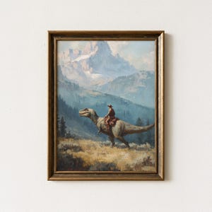 Stampa a olio vintage di dinosauro cowboy / Stampa di dinosauro giurassico western / Regalo per lui / Stampa divertente western / VDC1