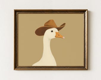 Impressão de pintura engraçada de ganso cowboy | Arte de berçário ocidental | Arte fofa de ganso | FCG2