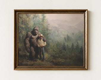 Impresión de pintura al óleo de Pie Grande con Vaquero / Impresión de Pie Grande con Críptido / Arte del Oeste Divertido / Regalo para Amantes de Pie Grande / SWC4