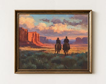 Vintage Western Cowboys Riding Horse Together Painting Print | 19th Century Mountain Art | Western Art Print | VWC4