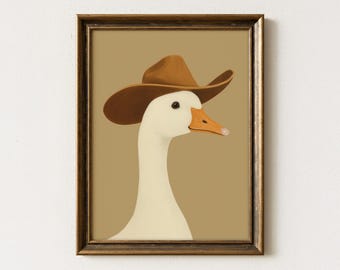 Impressão de pintura engraçada de ganso cowboy | Arte de berçário ocidental | Arte fofa de ganso | FCG1