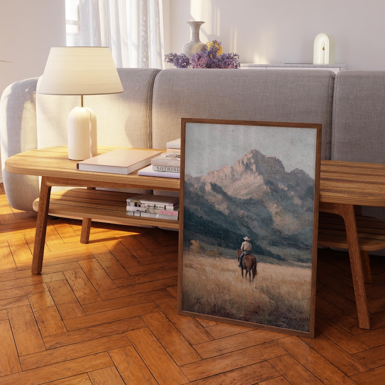 Vintage Cowboy Painting Print | Western Mountain Landscape Wall Art | VCP2 image 2