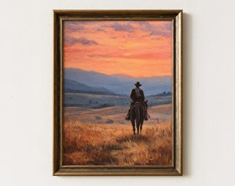 カウボーイの夕焼けの絵 馬の油絵 西洋画 南西部のアート カウボーイの