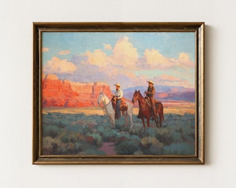 Vintage westerncowboys rijden samen paard schilderij print | 19e-eeuwse bergkunst | Westerse kunstafdruk | VWC3