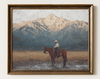 真作】絵画 油彩 夕暮れのカウボーイと馬 牧場風景 ウエスタンアート