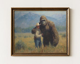 Impresión de pintura al óleo de Pie Grande con Vaquero / Impresión de Pie Grande con Críptido / Arte Occidental Divertido / Regalo para Amantes de Pie Grande / SWC3