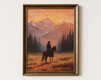 【真作】絵画　油彩　夕暮れのカウボーイと馬　牧場風景　ウエスタンアート　Y183 真作】絵画 油彩 夕暮れのカウボーイと馬 牧場風景 ウエスタンアート