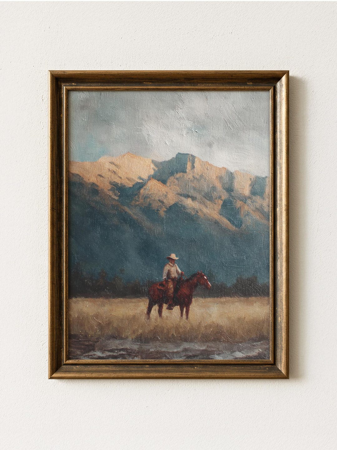 Vintage Cowboy Painting Print | Western Mountain Landscape Wall Art ...