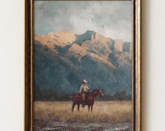 カウボーイの夕焼けの絵 馬の油絵 西洋画 南西部のアート カウボーイの
