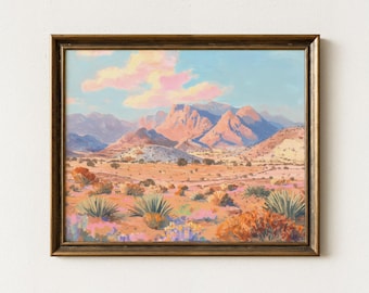 Pastel Desert Landscape Oil Painting Print | Vintage Mid-Century Modern Western Art | Texas Desert Cactus Art | PDL4