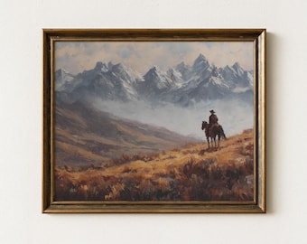 カウボーイの夕焼けの絵 馬の油絵 西洋画 南西部のアート カウボーイの