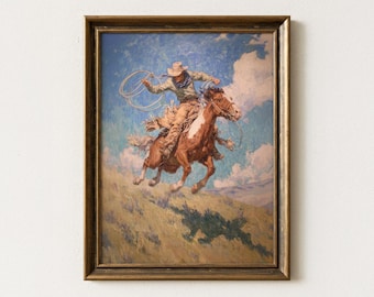 Vintage cowboy som rider på en vild häst i öknen, oljemålning | Rustikt westernkonsttryck i öknen | VCR1