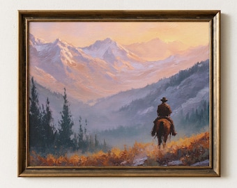 カウボーイの夕焼けの絵 馬の油絵 西洋画 南西部のアート カウボーイの