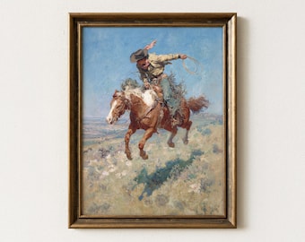 Oljemålning med vintagecowboy som rider på en vild häst i öknen | Rustikt westernkonsttryck i öknen | VCR2
