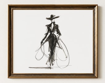 Modern Cowgirl Sketch Print | Black Ink Western Art | Abstract Art | MCS4