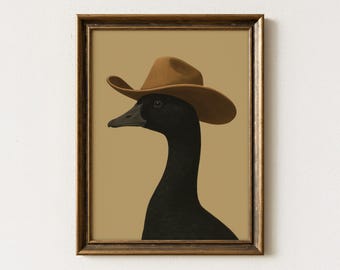 Impressão de pintura engraçada de ganso cowboy | Arte de berçário ocidental | Arte fofa de ganso | FCG3