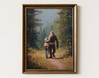 Impresión de pintura al óleo de Pie Grande con Vaquero / Impresión de Pie Grande con Críptido / Arte Occidental Divertido / Regalo para Amantes de Pie Grande / SWC2