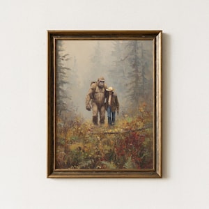 Impresión de pintura al óleo de Pie Grande con Vaquero / Impresión de pintura vintage de Pie Grande Críptico / Arte divertido del Oeste / Regalo para amantes de Pie Grande / SWC1