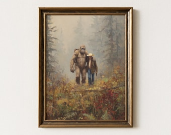 Impresión de pintura al óleo de Pie Grande con Vaquero / Impresión de pintura vintage de Pie Grande Críptico / Arte divertido del Oeste / Regalo para amantes de Pie Grande / SWC1