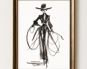 Stampa di schizzo di cowgirl moderna / Arte occidentale con inchiostro nero / Arte astratta / MCS2