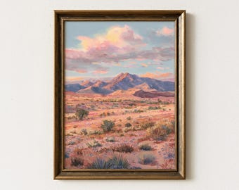 Pastel Desert Landscape Oil Painting Print | Vintage Mid-Century Modern Western Art | Texas Desert Cactus Art | PDL1
